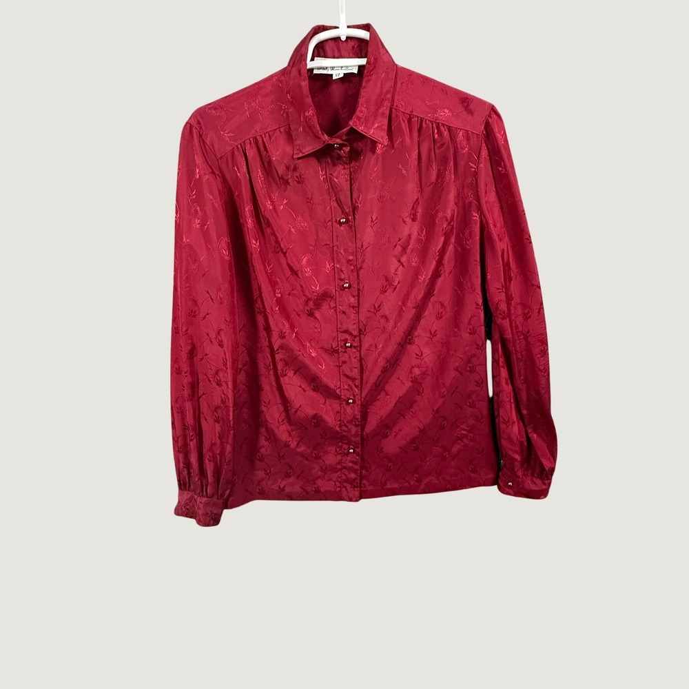 Lady Manhattan Vintage Red Paisley Satin Jacquard Blouse Button Up Top Sz 12